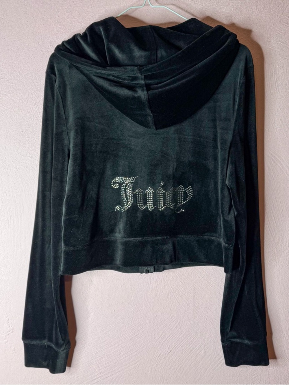 Juicy Couture Black Velour Zip Hoodie With Bling Juicy Logo.